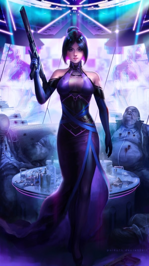 Woman in purple dress holding a rifle