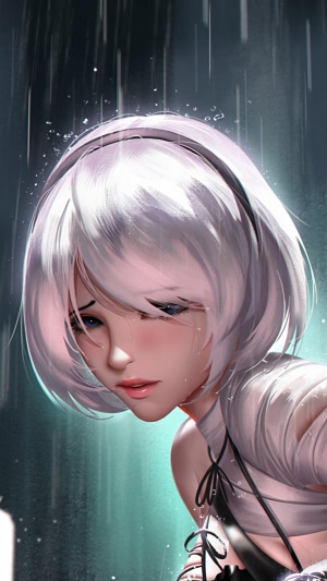 2B from Nier: Automata crying in the rain