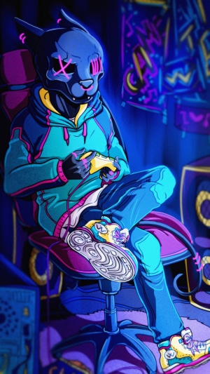 Artwork of a cat-like character playing video games