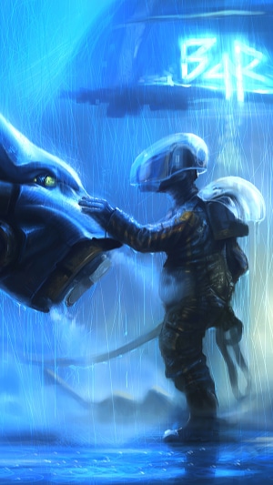 Sci-fi character petting a dragon in the rain