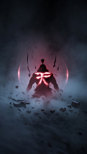 Silhouette of a powerful figure with glowing Japanese Kanji on its back