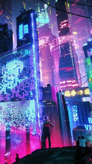 Cyberpunk city with neon lights and a person