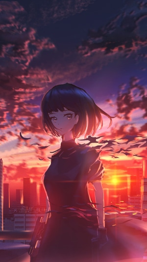 Anime girl against a sunset cityscape