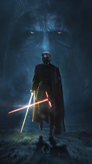 Kylo Ren from Star Wars with Palpatine's face behind him