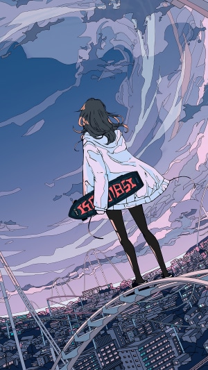 Anime girl with skateboard overlooking city