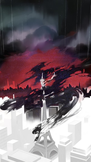 Anime girl in front of Eiffel Tower with dark clouds