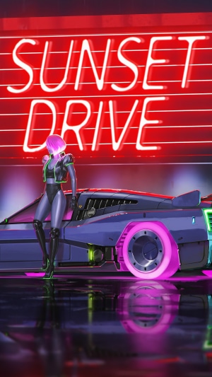 Cyberpunk woman and car with neon sign