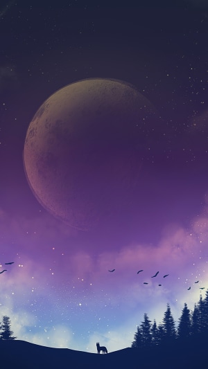 Minimalist digital art of a fox under a large moon