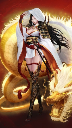 Anime warrior woman with golden dragon