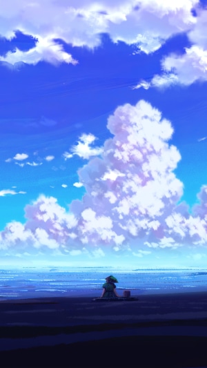 Anime girl sitting on a beach under clouds