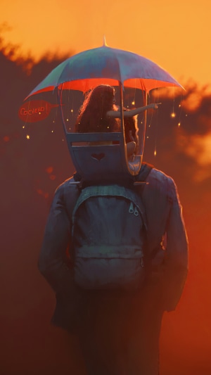 Girl in umbrella backpack at sunset