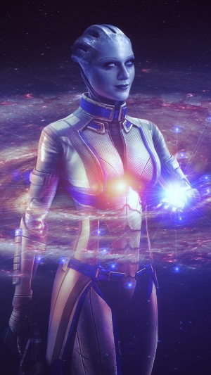 Asari from Mass Effect in front of a galaxy