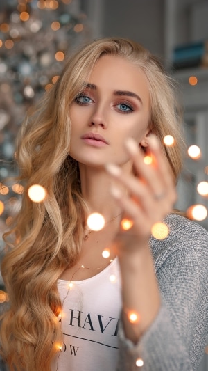 Blonde woman with blue eyes and bokeh lights