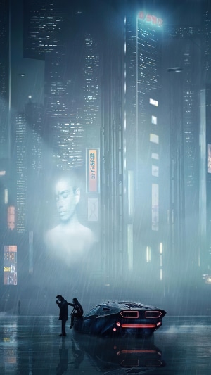 Sci-fi artwork of a futuristic city with a holographic face