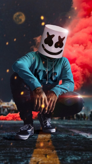 Marshmello DJ in a blue hoodie