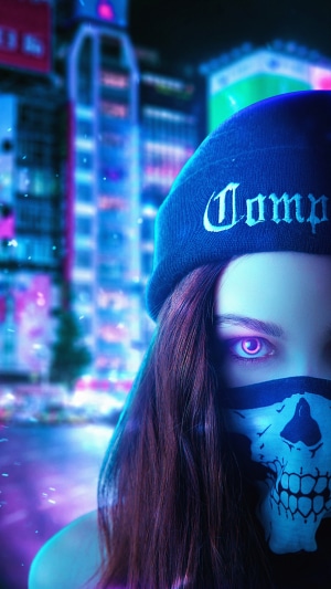 Girl with skull mask and neon city background