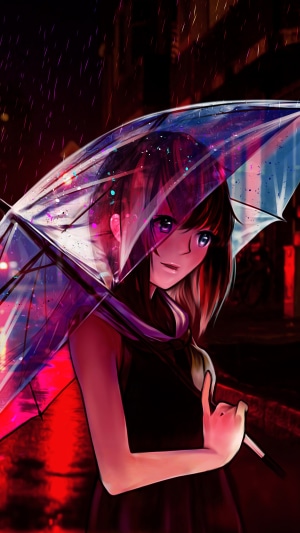 Anime girl with umbrella in the rain