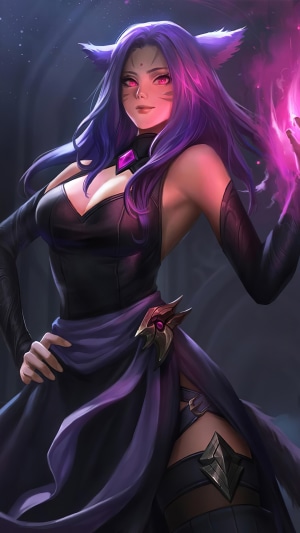 Fantasy girl with purple hair and cat ears casting magic