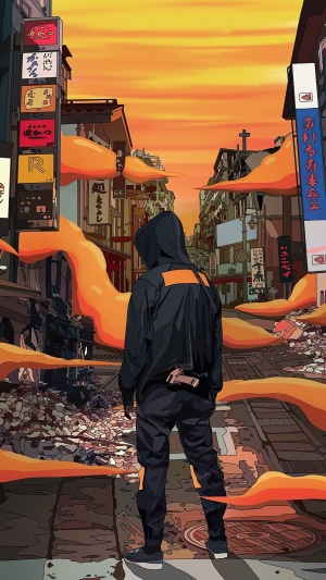 Man in hoodie in destroyed city at sunset