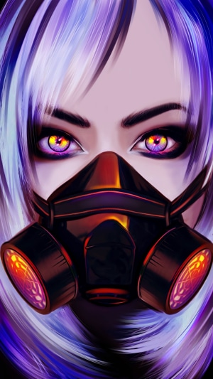 Artwork of a woman with purple hair and a gas mask