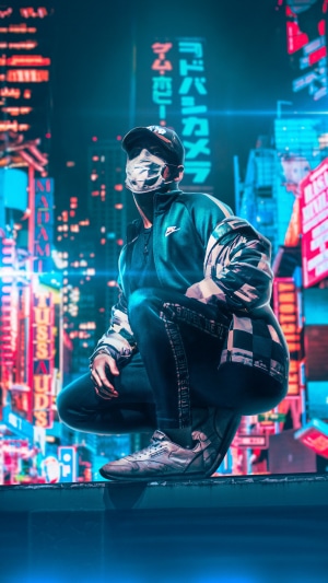 Man in mask and hat in neon city