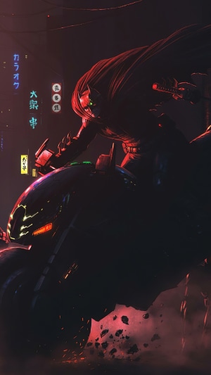 Batman on a motorcycle in a neon city