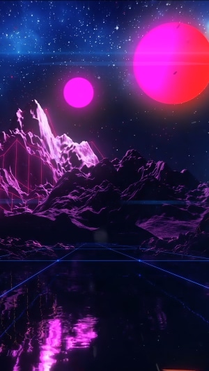 Retrowave digital art with neon mountains and planets