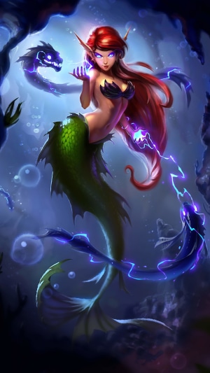 Mermaid casting lightning spells with sea creatures