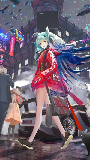 Anime girl with blue hair in a red hoodie in a city