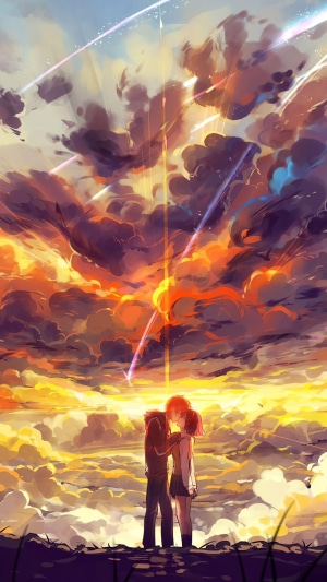 Anime couple kissing under meteor shower