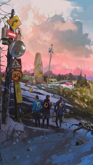 Three figures with glowing circles on their backs walk through a snowy landscape.