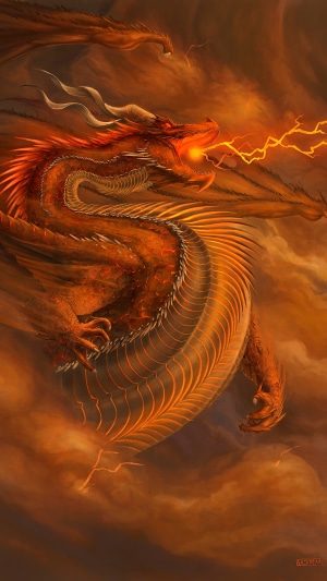 Dragon breathing lightning in clouds