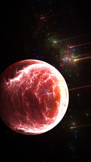 Red planet in digital universe with shooting stars