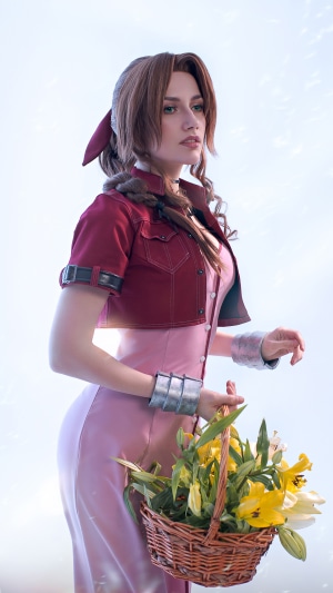 Aerith Gainsborough from Final Fantasy cosplay with flowers