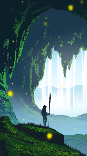 Fantasy Cave Entrance with Waterfall and Warrior