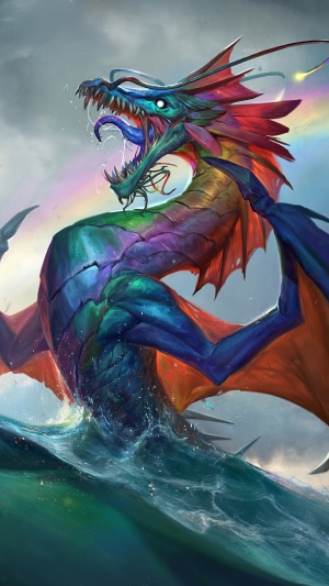 Rainbow Dragon emerging from the sea