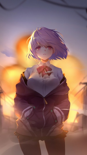 Anime girl with purple hair and red eyes