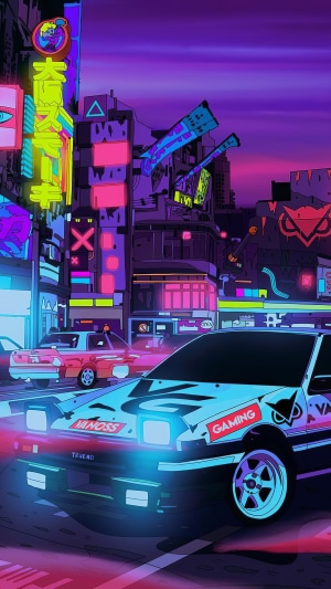 Cyberpunk Cityscape with Neon Cars
