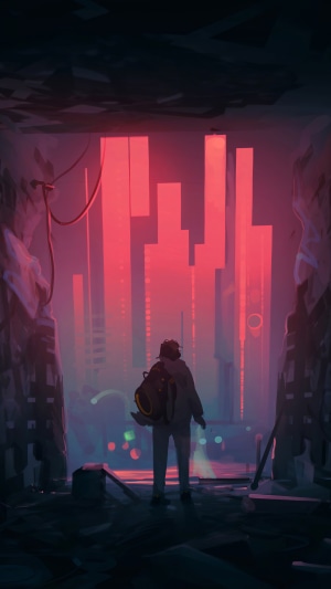 Person with backpack in a futuristic city