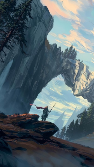 Warrior with staff and red cape on mountain overlook