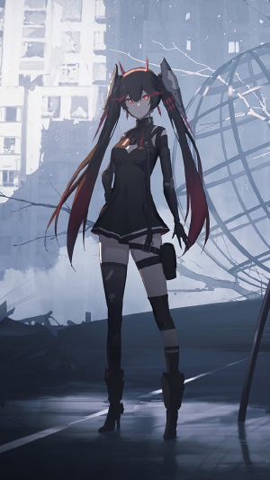 Anime girl with black and red pigtails in a destroyed city