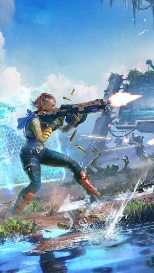Woman firing a futuristic rifle in The Cycle: Frontier