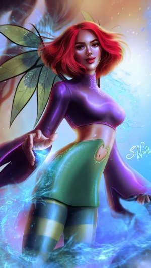 Fantasy artwork of a woman with red hair and wings