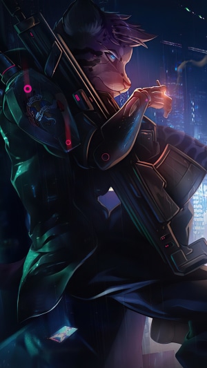 Furry sniper with rifle in a neon city