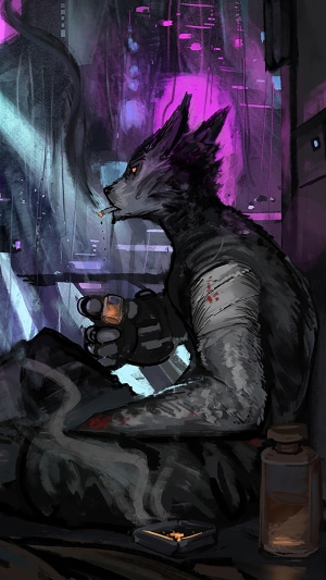 Cyberpunk wolf character smoking and drinking