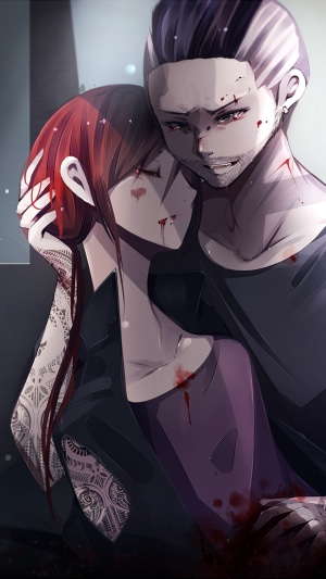 Couple embracing, covered in blood