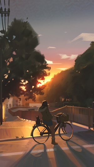 Girl with bicycle and cat at sunset