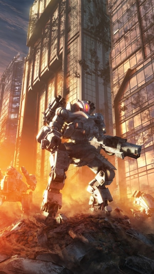 Mechs in a destroyed city