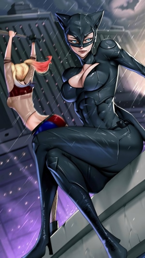 Catwoman and Harley Quinn in the rain