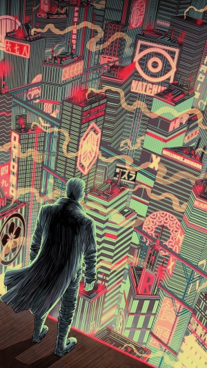 Altered Carbon cityscape with man overlooking